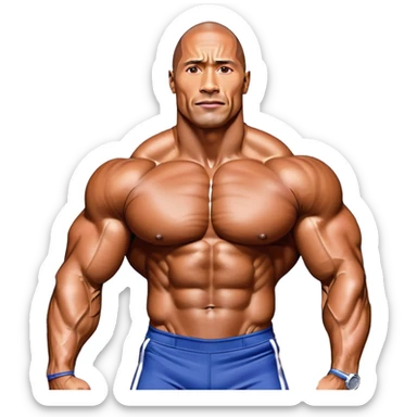 Dwayne Johnson, oiled and posing at the Mr. Universe bodybuilding championship, showcasing his muscular physique in an iconic display of strength. The background features the stage with judges and audience, capturing the intensity and prestige of the competition. Transparent background. sticker