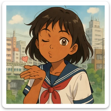 Japanese brown-skinned high school girl in a Tokyo school uniform, winking and blowing a kiss, playful and cheeky expression, anime style, with a subtle Tokyo city background sticker