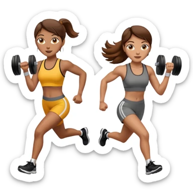 two women, one running and one lifting weights. brown hair, olive skin, hazel eyes. sticker