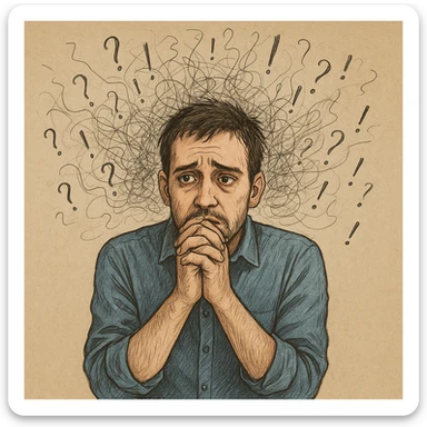 Realistic or illustrative style image of a 30-year-old man suffering from anxiety, inspired by the reference image. The man has a lost gaze, nervously clasping his hands. The background shows graphic signs of disordered thoughts, conveying an atmosphere of mental discomfort. sticker