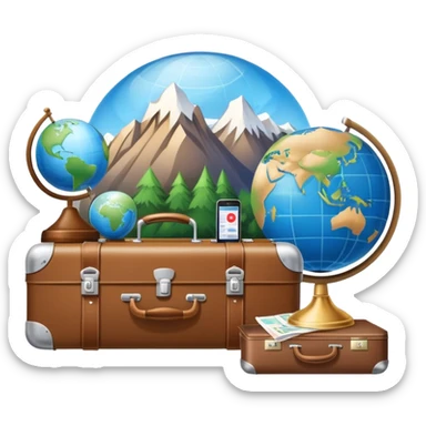 An icon featuring a suitcase, a hotel bell, and a globe, symbolizing tourism and hospitality. The design includes a scenic landmark, like a mountain or beach, and a check-in desk, representing travel and accommodation services. Transparent background sticker