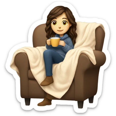 Brunette white girl covered in blanket autumn vibe sitting on a cozy chair holding coffee sticker