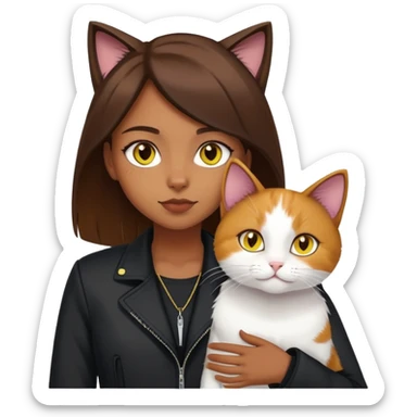 A brown straight-haired girl wearing black jacket with a white cat with yellow eyes and a calico cat sticker