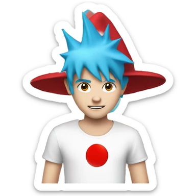 a white kid with cyan blue spiky hair with a red hat and a white shirt with a red circle in the middle and in the circle theres a red tilted line in it sticker