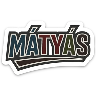 Mátyás name in masculine, modern, gradient font with precise Hungarian characters, dark outline, extra thick, prominent white border as in reference images, dynamic slanted underline, masculine color shades (blue, gray, burgundy, green, brown), 1000x1000 px, PNG, transparent background sticker
