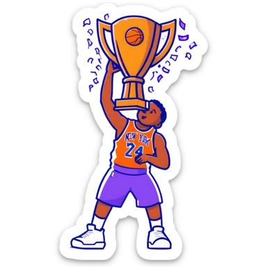 New York Knicks basketball player celebrating with NBA championship trophy, confetti, blue and orange sticker