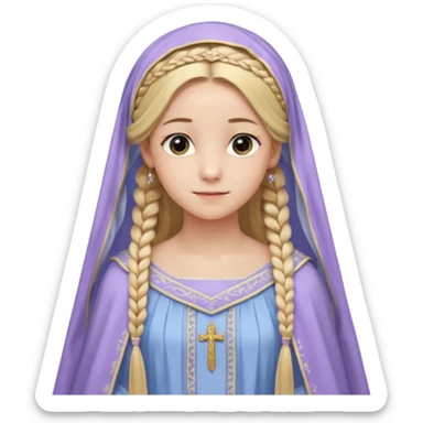 Joven de unos 20 años, de aspecto dulce y elegante.
Piel clara, ojosy expresivos, sonrisa triste.
Rubio o castaño claro, largo, con trenzas o velo.
-Vestido largo de tonos suaves (blanco, azul o lavanda), con bordados dorados; un manto o toca fina cubriendo la cabeza. de cuerpo entero  sticker
