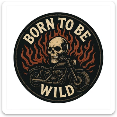 circular motorcycle cap design with transparent background, text 'Born to be wild', motif: flame, motorcycle, skull, dark style sticker