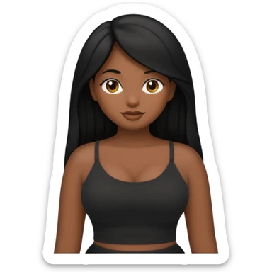apple-style emoji of a curvy dusky girl, long black hair, black cami top, minimal style sticker
