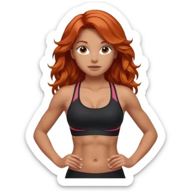 Athletic girl with long light red wavy hair and smaller boobs bigger arms. middle part and black sports bra, long hair, show stomach sticker