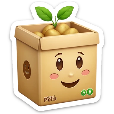 potato starch box, beige or pale yellow, clean edges, potato with green leaves, 'POTATO STARCH' in brown or orange, smooth glossy, minimal, clean 3D, soft shadows, transparent background, emoji scale sticker