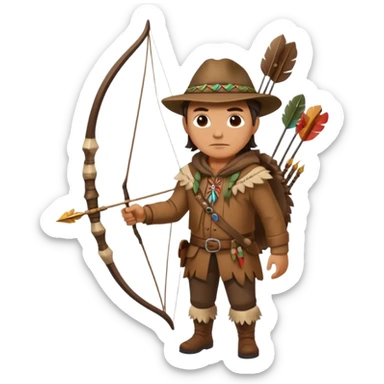 A classic middle-aged hunter, carrying a bow and arrow, dressed in brown clothes, and adorned with decorations made of feathers or bone teeth
 sticker