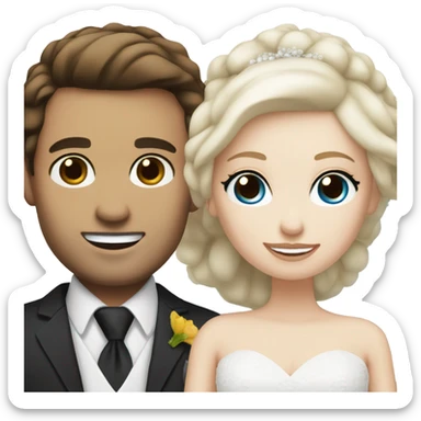 Wedding couple, groom white skin with dark brown hair and dark brown eyes, bright with white skin blonde hair and blue eyes sticker