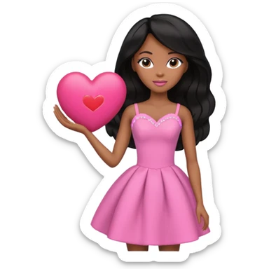 Black barbie, long black  hair, pink dress holding big heart that  visibly says "daily heart me" sticker