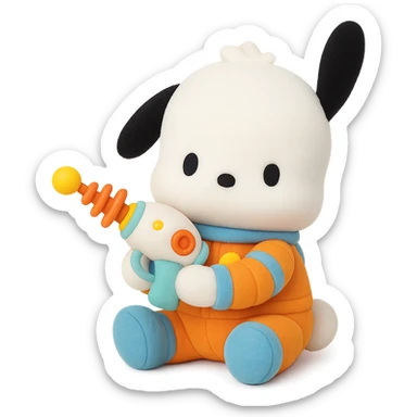 Pochacco holding a whimsical toy ray gun, white with black ears, wearing an orange and blue space explorer suit, plushy Popmart doll style, playful and adorable sticker