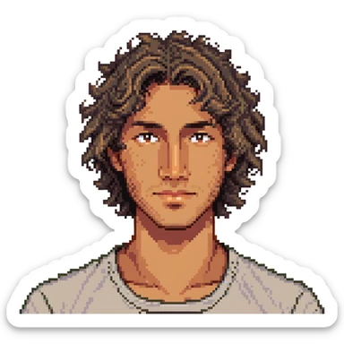 a man with wavy hair, tan skin, and a small mole on his left cheek, pixel art style sticker