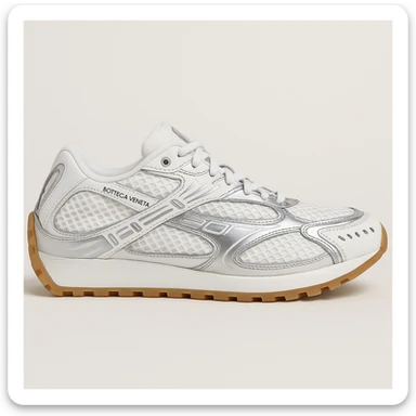 Recreate the Bottega Veneta Orbit sneaker in white with silver accents, exact design, shown at a sideways angle like the reference image, realistic style with a clean background. sticker