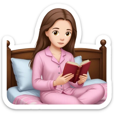  white long brunette hair girl with hazel eyes in light pink pajamas reading Pride and Prejudice sticker