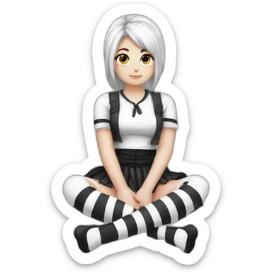 Frontal view curvy emo girl sits white skirt striped stockings hands up sticker