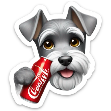 A miniature schnauzer drinking a Coca-Cola sticker