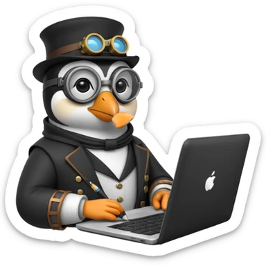 an steampunk engineer penguin writing code on a laptop sticker