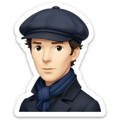 sherlock holmes benedict cumberbatch, wearing a deerstalker hat, Long dark coat, Dark suits, dark Blue scarf sticker