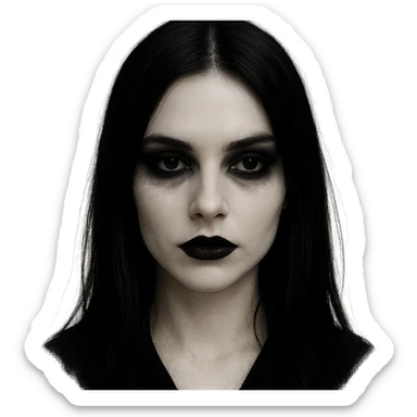 goth face, pale skin, black lipstick, dark eyeshadow, straight black hair, mysterious expression sticker