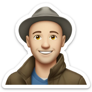 smiling white young bald man outdoors with hat sticker