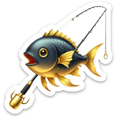 black magical fishing rod with gold chains and gold aura fishing a gold anglerfish sticker