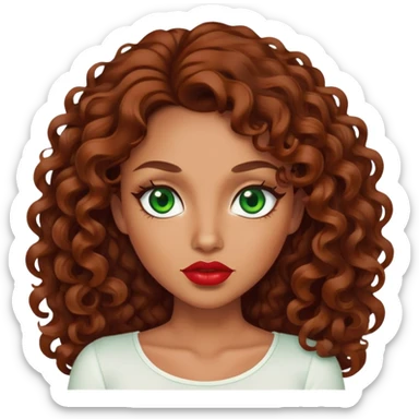 Tan skin woman ruby long Brown curly hair green eyes white top sticker