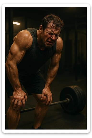 Uomo in palestra durante un allenamento, piegato su sé stesso con le mani sulle ginocchia, sudato, visibilmente esausto. Ha un'espressione di frustrazione e affaticamento estremo. Pesi pesanti accanto a lui, atmosfera intensa, luci soffuse. Il corpo mostra segni di sforzo eccessivo e accumulo di fatica. in italiano sticker