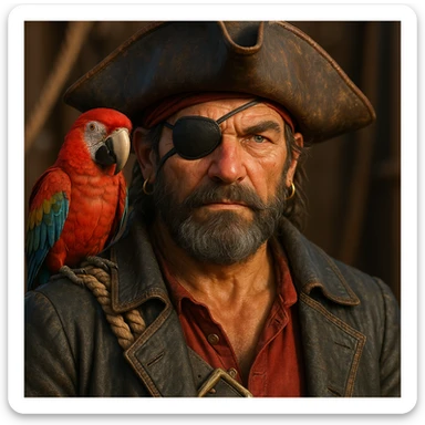 3d art of a pirate with eye patch and parrot in  sticker