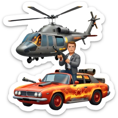 Icon for Action Movies: Arnold Schwarzenegger in the lead role, in an intense action pose with weapons, explosions, a car and helicopter flying out of flames in the background. The design should capture the explosive energy and heroism of classic action films. Transparent background. sticker