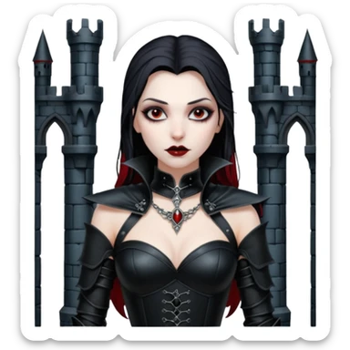 Vampire woman in black leather armor, exposed shoulders, cold desire, gothic castle interior sticker