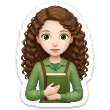 A girl with long brown curls and a green outfit holding a stacking book in her hand sticker