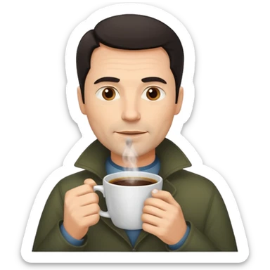 A handsome 45 year old white man with dark hair in a fog drinking a cup of coffee sticker