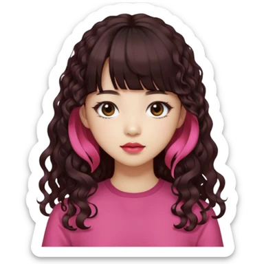 Korean girl, red top, black brown hair, brown eyes, long curly hair, aesthetic, long hair, hime cut, blunt bangs, pink lip, Cool girl sticker