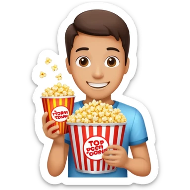 Person watching a movie with a happy face, holding popcorn bucket, cinema lights reflected on face sticker