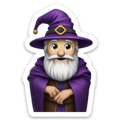 Create an emoji of a wizard. They wizard should have a big dark purple beard. And a magician hat. The wizard should have small cirkels as eyes and a slightly happy expression sticker