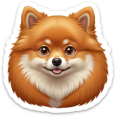 Cinematic Cute Orange Pomeranian Portrait Emoji, Head tilted playfully and inquisitively, featuring a luscious, fluffy orange Fur with a natural sheen, round, sparkling brown eyes filled with curiosity, Simplified yet irresistibly adorable features, highly detailed, glowing with a warm, friendly glow, high shine, affectionate and lively, stylized with a touch of whimsy, bright and endearing, soft glowing outline, capturing the essence of a mischievous yet loving pup, so playful it feels like it could scamper out of the screen and into your arms! sticker