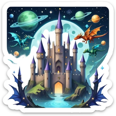 Icon for Fantasy and Sci-Fi Movies: A magical collage with flying dragons and futuristic spaceships. Stars and planets shimmer in the background with a mystical castle Hogvards and an ancient wizard holding a staff. The atmosphere is epic, otherworldly and adventurous. Transparent background. sticker