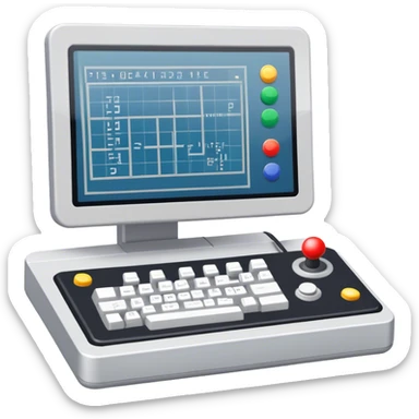 Emoji for Game Design: computer screen with Professional game development interface, 3D models, pixel art and design tools like grid, wireframe, gamepad, joystick, stylus. Symbolizes the technical and creative process of game development. Transparent background. sticker