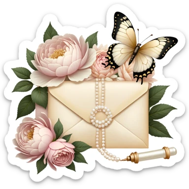 An antique love letter bundle, tied with an ivory silk ribbon, accompanied by dried blush pink roses, white peonies, and dahlias, with a pearl butterfly seemingly admiring the golden calligraphy.
 sticker