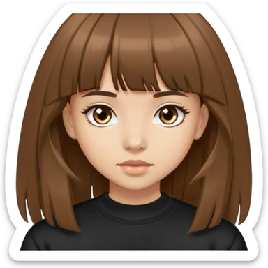 Light skinned girl with brown eyes, long brown hair with bangs, wearing a black sweatshirt sticker