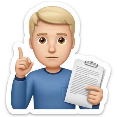 A white man stands with a serious face and points at his hand holding papers. sticker