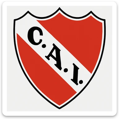 Change the letters 'C.A.I.' inside the white diagonal band to white, keeping the black dots between the letters. Maintain the classic soccer shield style with a three-pointed top, rounded base, white outline, and intense red background. The letters should remain bold, simple, and legible, centered in the band, with no background added. sticker