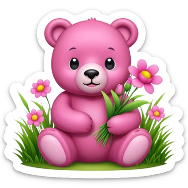 pink bear holding flowers in a grass  sticker