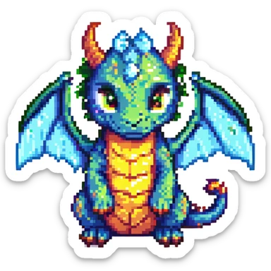 pixel art dragon with tiny wings, chibi proportions, bright palette sticker