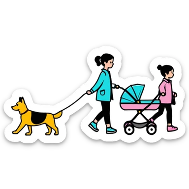 girl walking with a stroller and dog on a leash, bold lines sticker