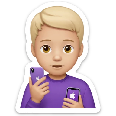 little kid with phone wearing a purple shirt, apple style emoji sticker